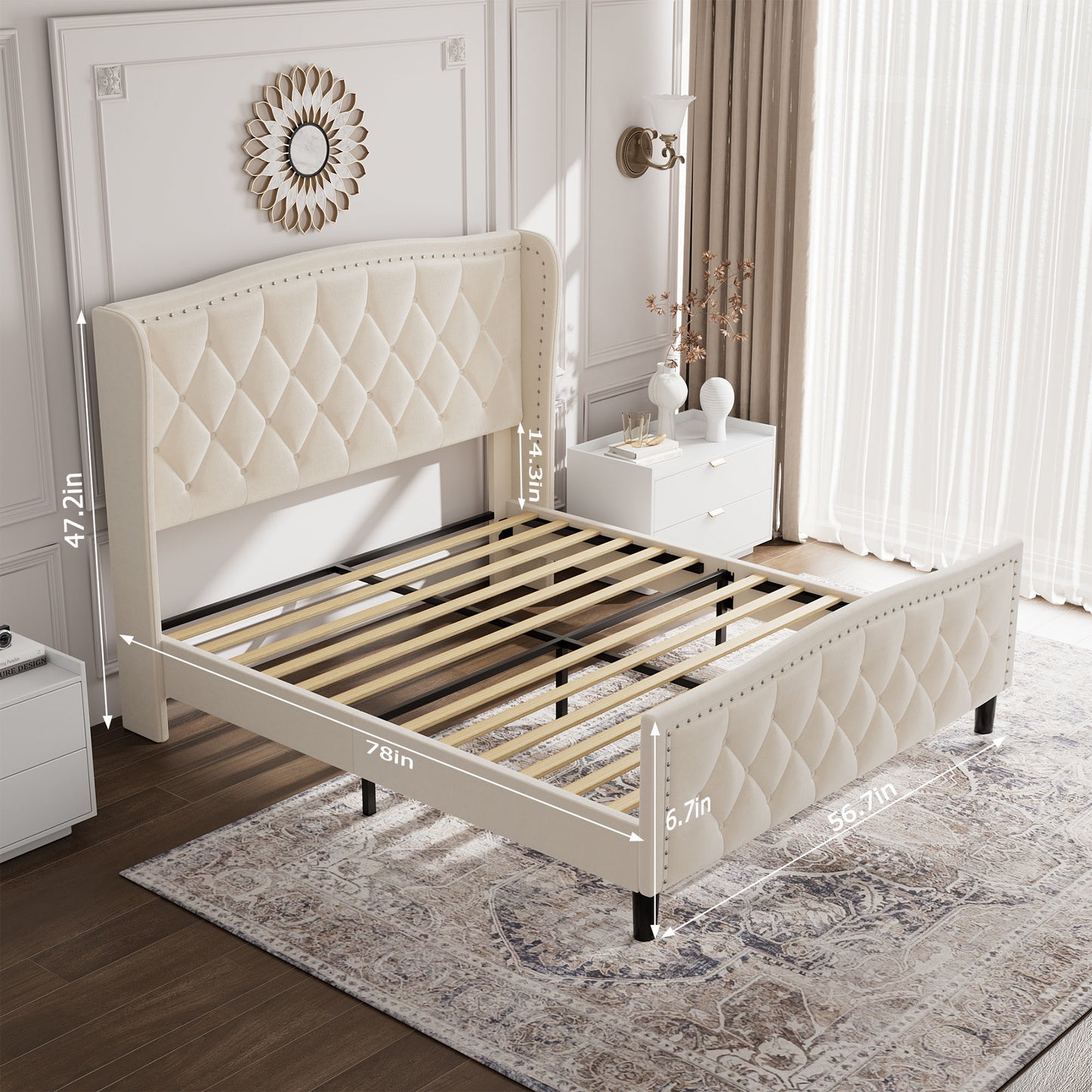 modern velvet upholstered platform bed with wingback headboard, white