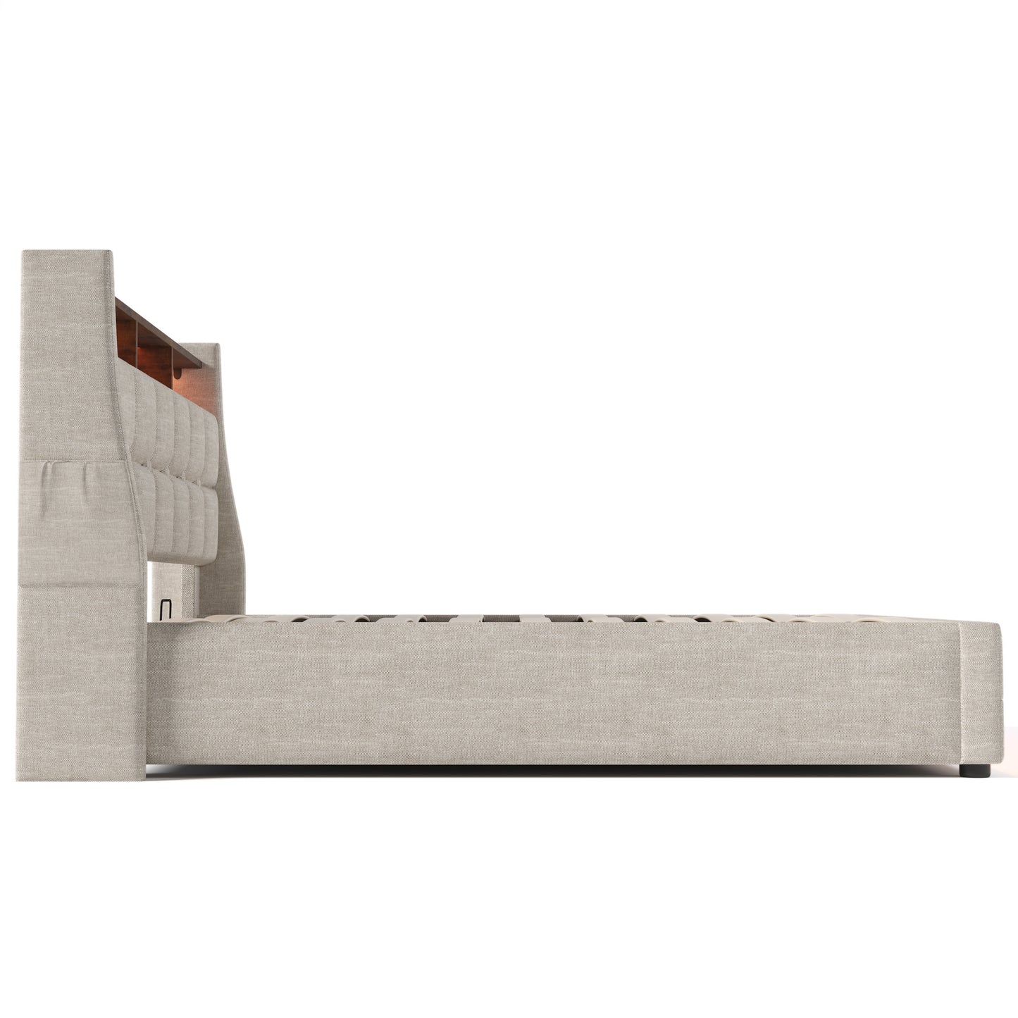 jody upholstered platform bed with a hydraulic storage system, led and usb charging,