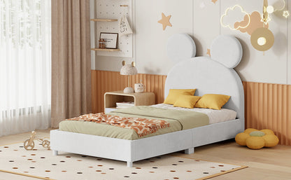 Upholstered Bed with Bear Ear Shaped Headboard, Beige