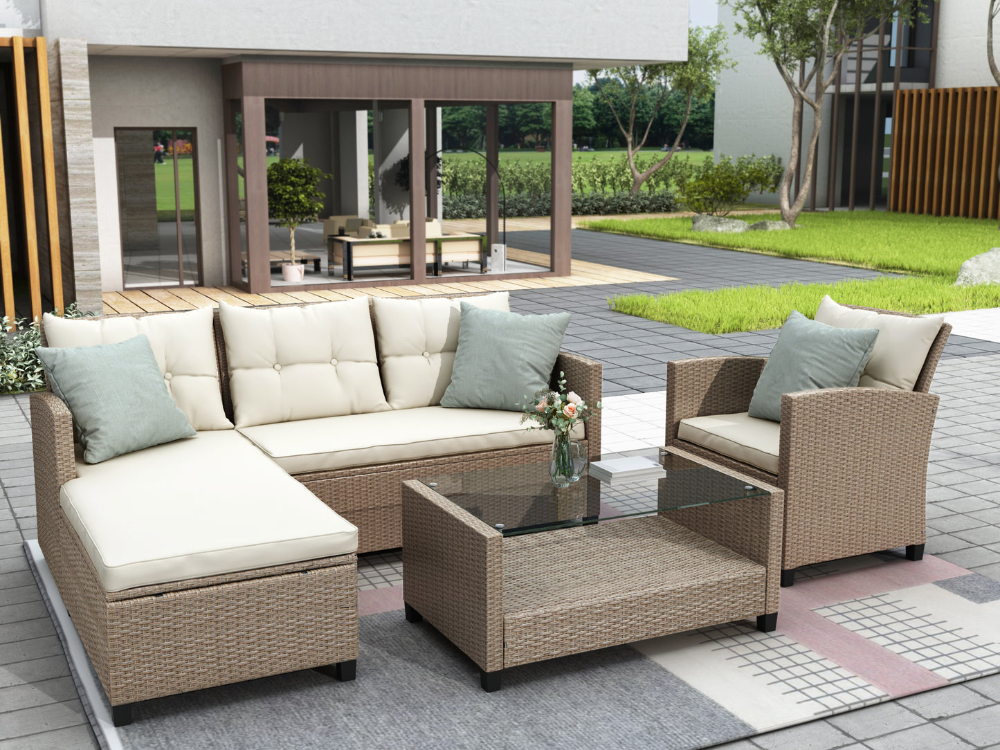 4 piece wicker ratten sectional sofa set with seat cushions, beige brown