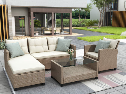 4 Piece Wicker Ratten Sectional Sofa Set with Seat Cushions, Beige Brown