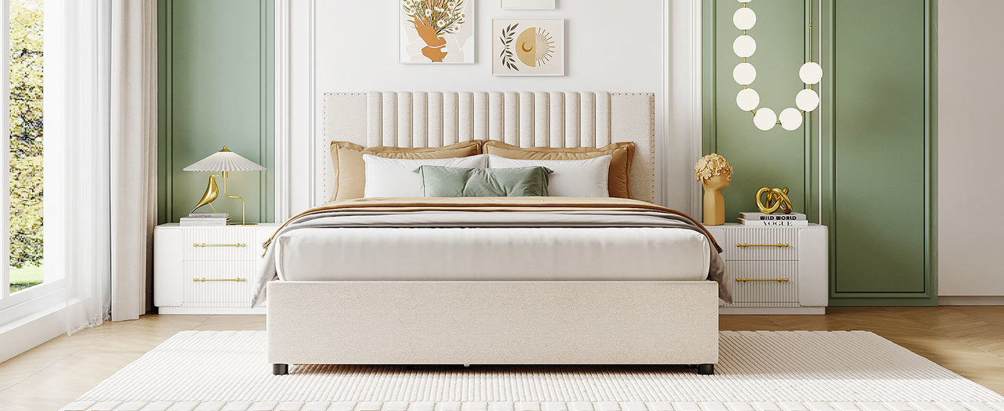 queen size upholstered platform bed with 2 drawers and 1 twin xl trundle, beige