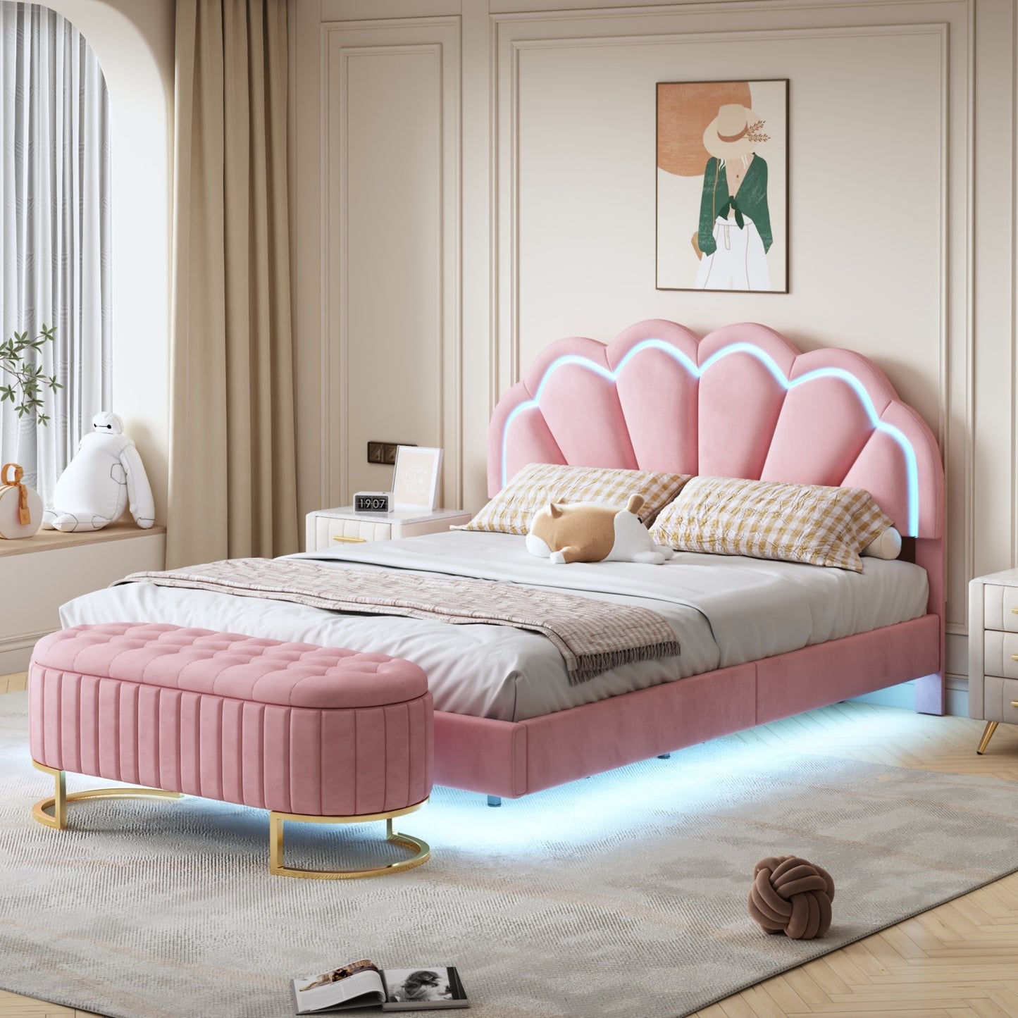 2-pieces upholstered led platform bed with storage ottoman-velvet