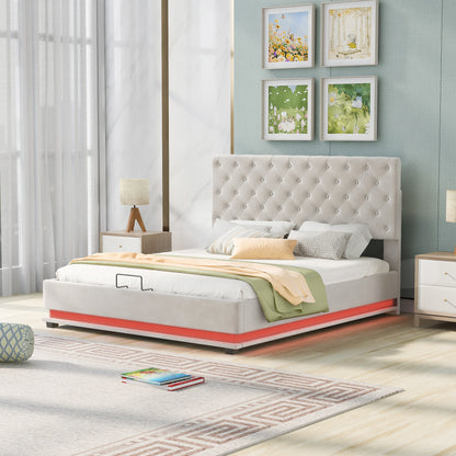 Kaylie Upholstered Platform Bed with Storage & Adjustable Tufted Headboard and LED Light