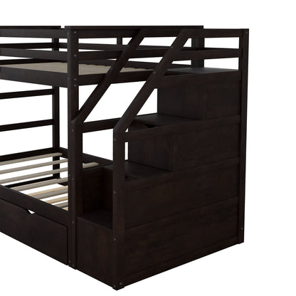 Twin-Over-Twin Bunk Bed with Twin Size Trundle and 3 Storage Stairs, Espresso