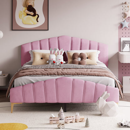 Stylish Velvet Platform Bed with Thick Fabric, Pink