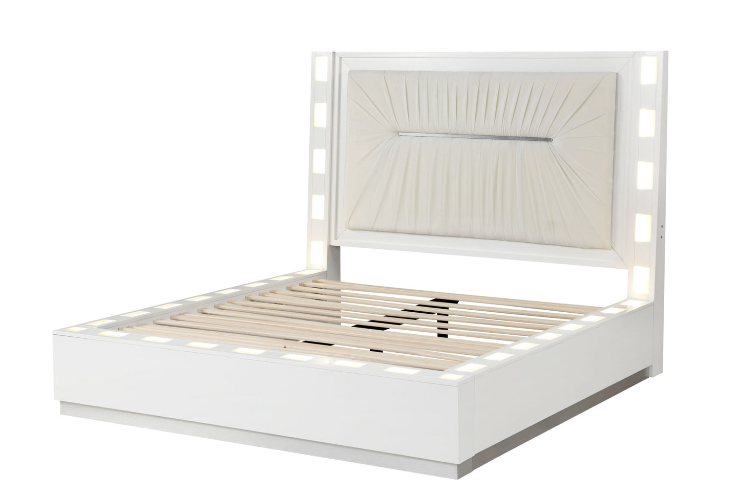 coco led queen size bed made with wood in milky white color