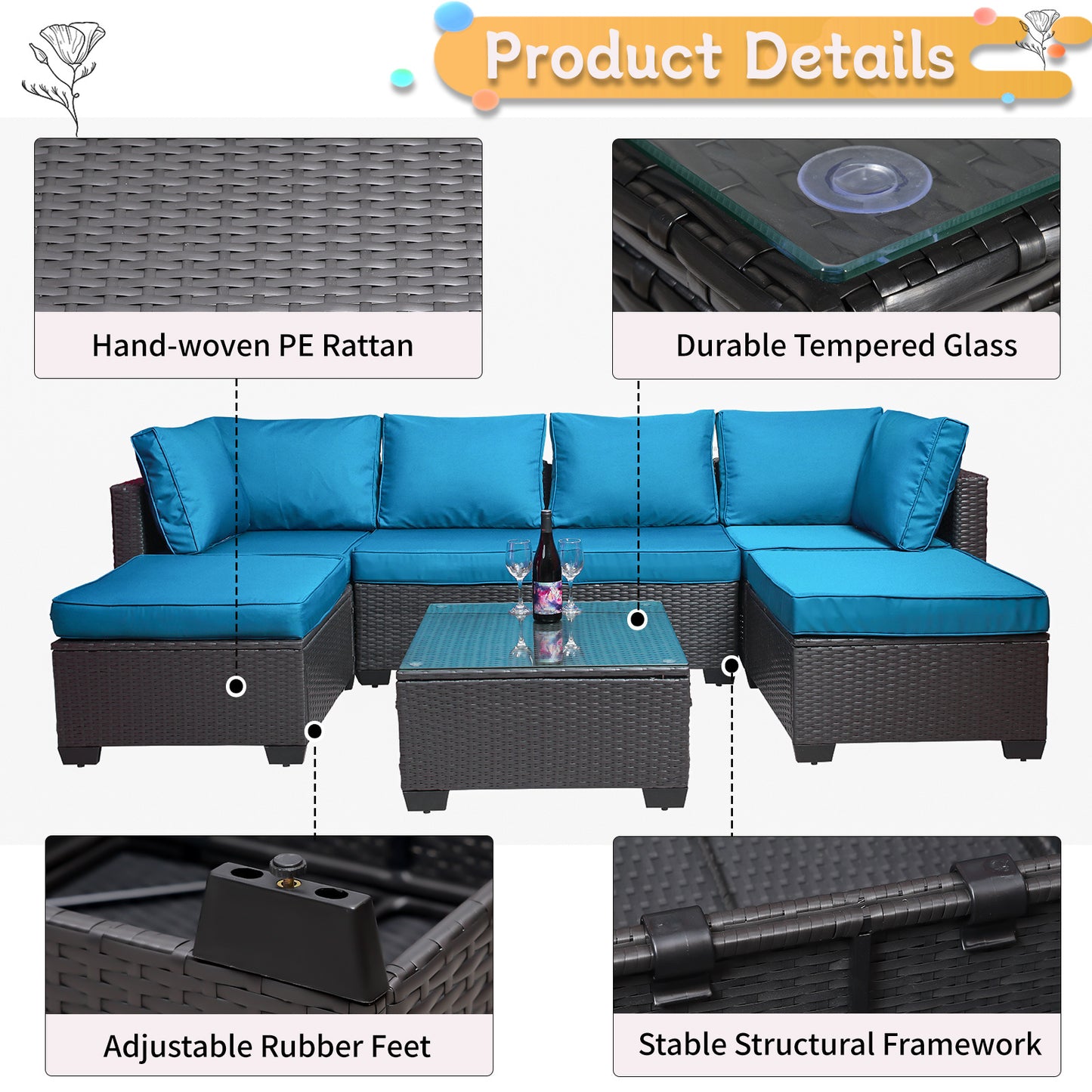 7-piece pe rattan wicker cushioned sofa sets and coffee table