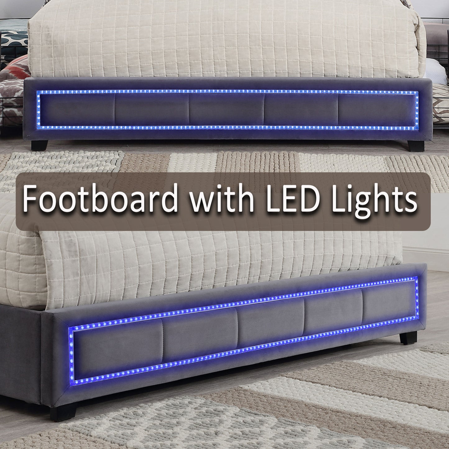 upholstered queen size platform bed with led lights, storage bed with 4 drawers, gray