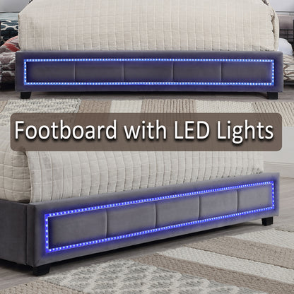 Upholstered Queen Size Platform Bed with LED Lights, Storage Bed with 4 Drawers, Gray