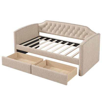 Kim Upholstered Bed with Drawers, Beige