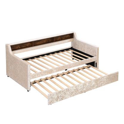 Twin Size Snowflake Velvet Bed with Built-in Storage Shelves, Beige