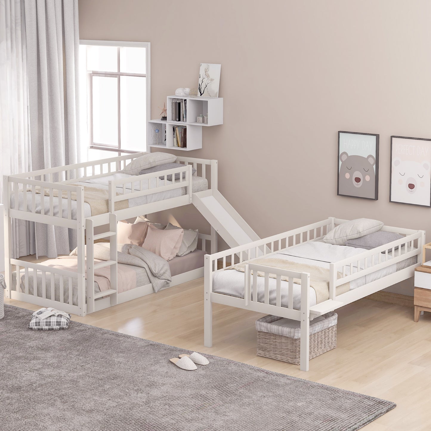 twin-over-twin-over-twin triple bed with built-in ladder and slide