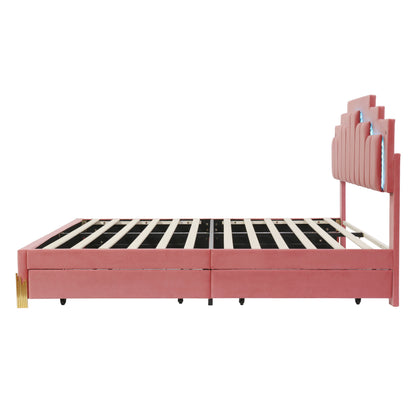 Irregular Upholstered Platform Bed with LED Lights and 4 Drawers, Pink