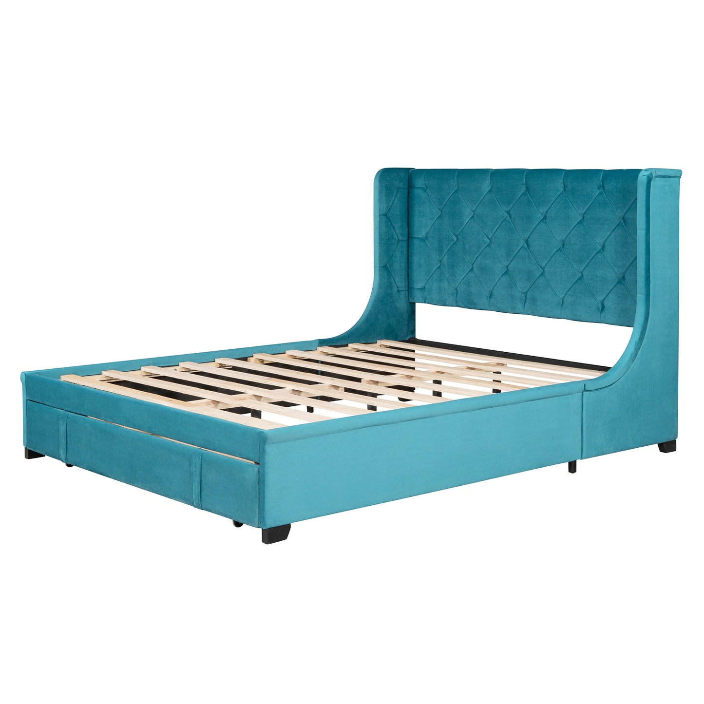 velvet upholstered platform bed with wingback headboard and a big drawer, blue