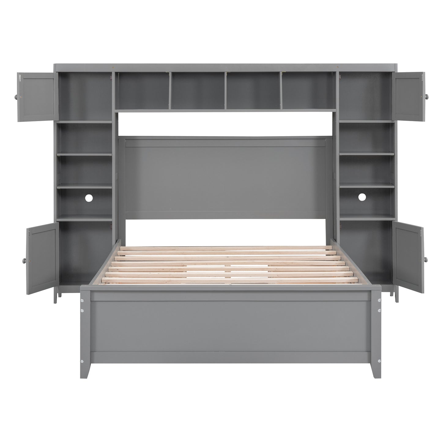 wooden bed with all-in-one cabinet and shelf