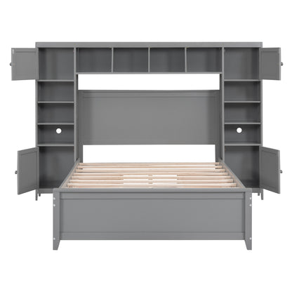 Wooden Bed With All-in-One Cabinet and Shelf