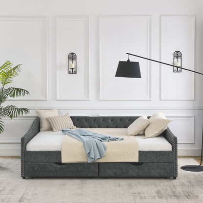 Upholstered Tufted Daybed Sofa bed with Drawers, Grey