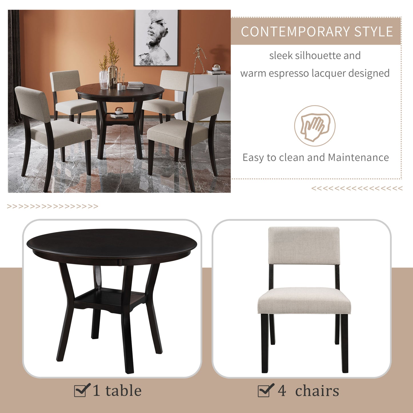 5-piece kitchen dining table set, espresso
