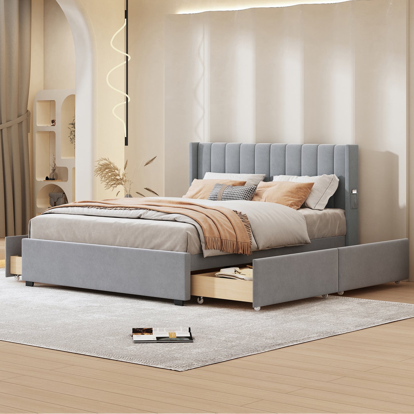 queen size upholstered bed with 4 drawers, gray