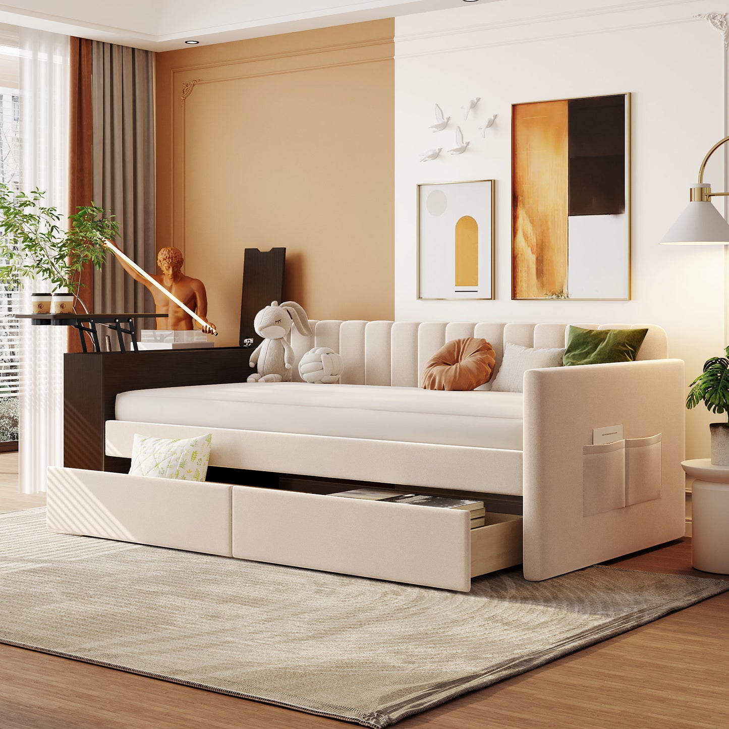 upholstered multi-functional daybed with cup holder and a set of usb ports and sockets, beige