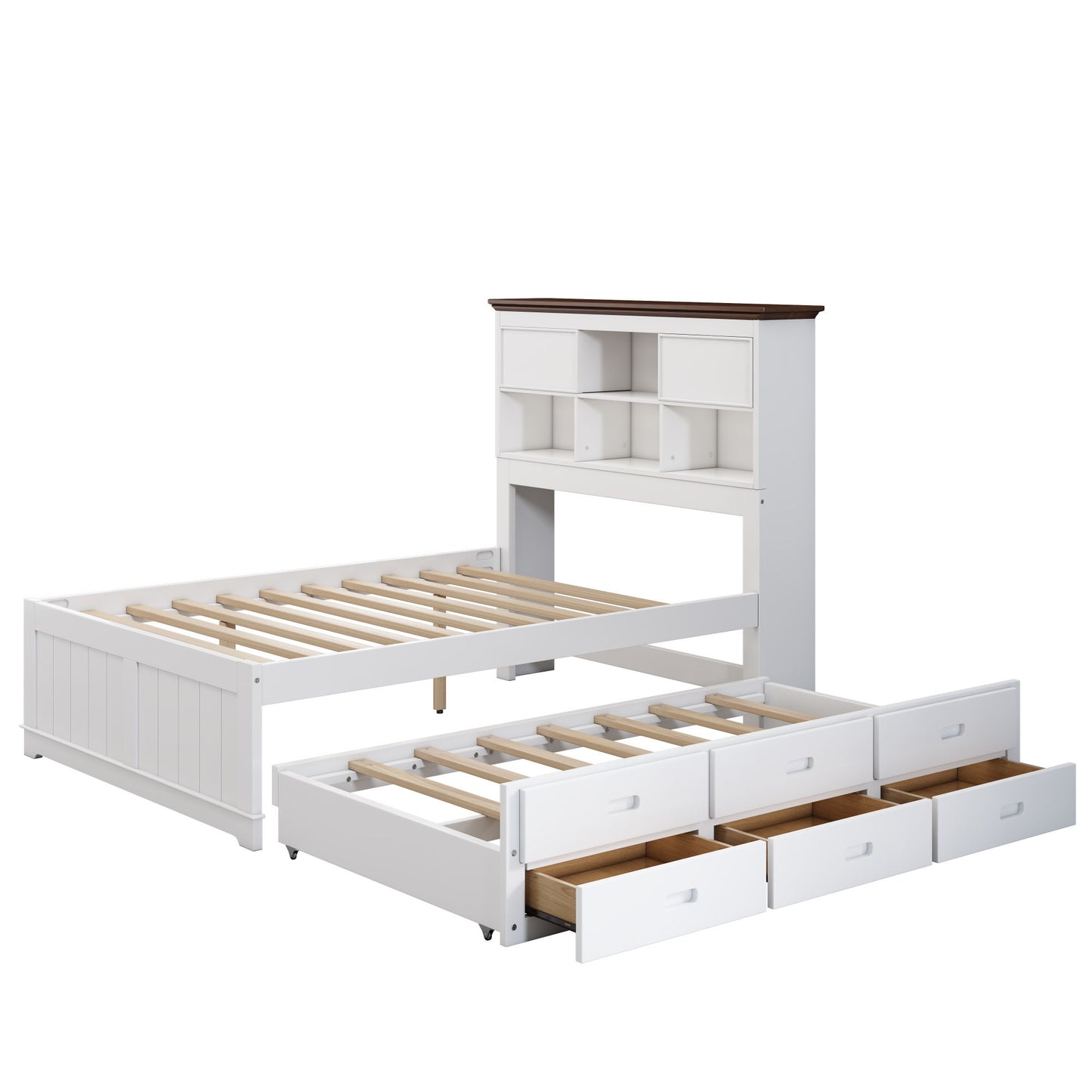 wooden captain bed with trundle and nightstand, white+walnut
