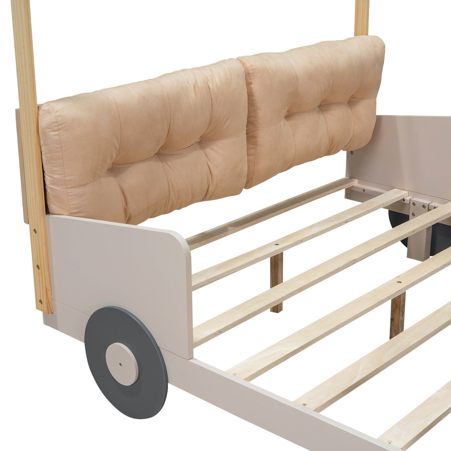 wooded car bed with pillow, ceiling cloth and led lights