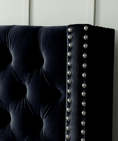 Velvet Upholstered Bed with Deep Button Tufting, Black