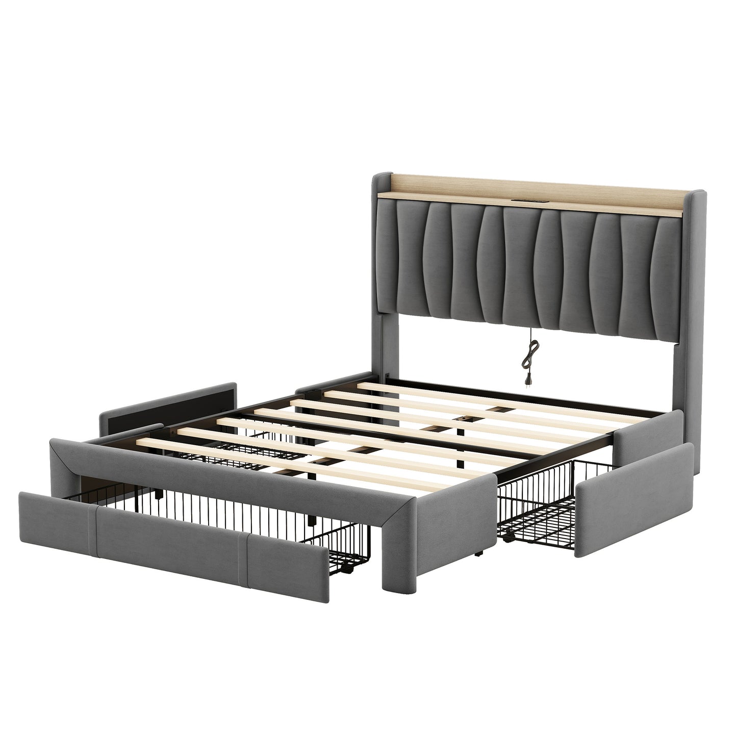 queen size bed frame with storage headboard and charging station,dark gray