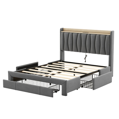 Queen Size Bed Frame with Storage Headboard and Charging Station,Dark Gray