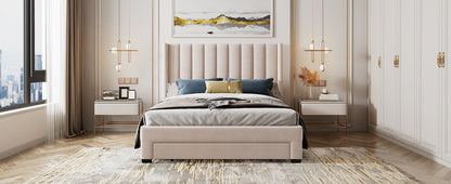 Velvet Upholstered Platform Bed with a Big Drawer - Beige