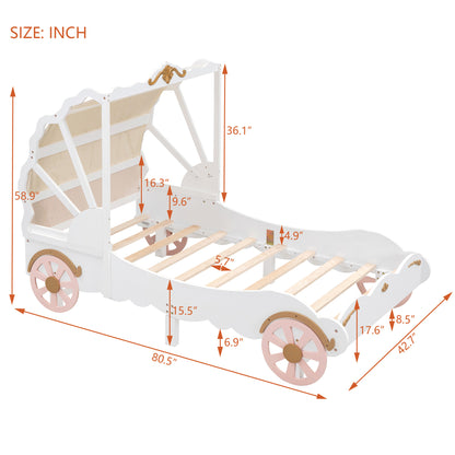 Princess Carriage Bed with Canopy, White+Pink+Gold