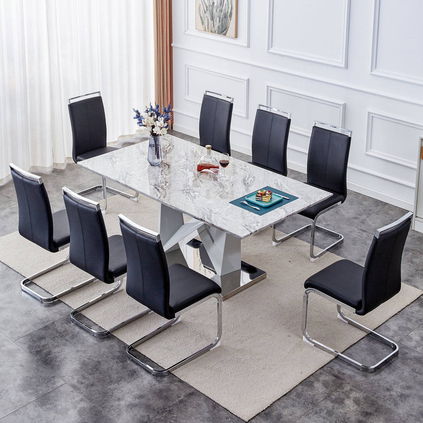 mdf faux marble dining table with white double v-shaped support