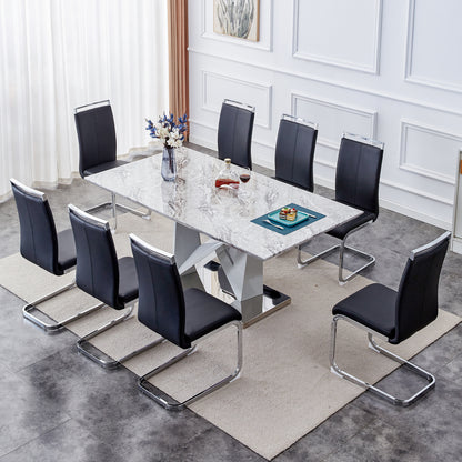MDF Faux Marble Dining Table with White Double V-Shaped Support