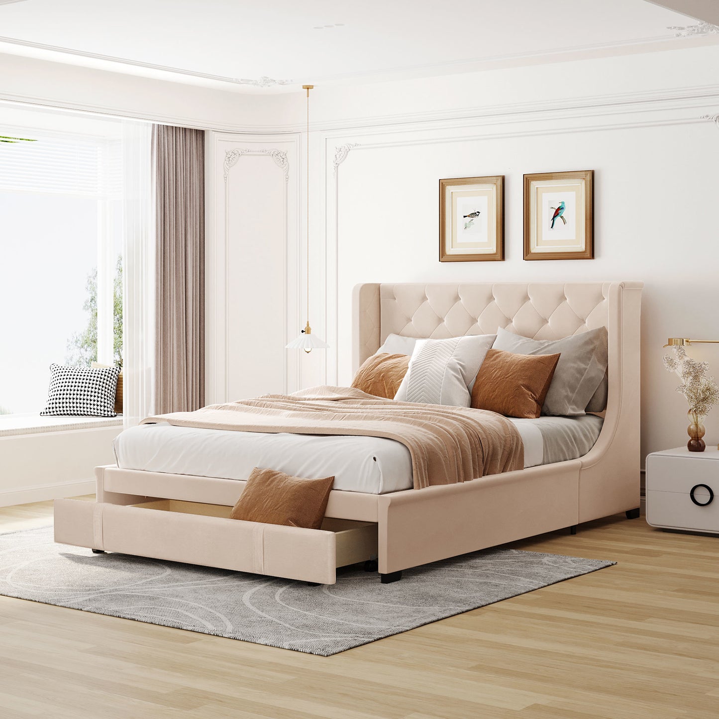 modern velvet upholstered platform bed with wingback headboard and a big drawer