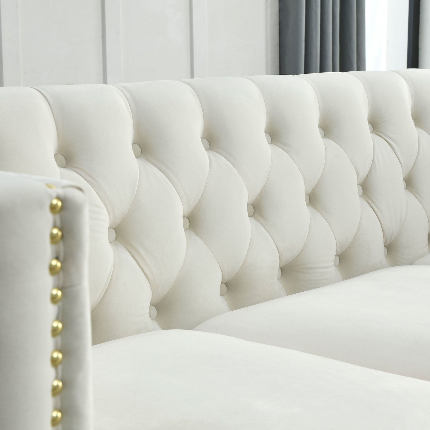 kate velvet upholstered sofa, beige velvet