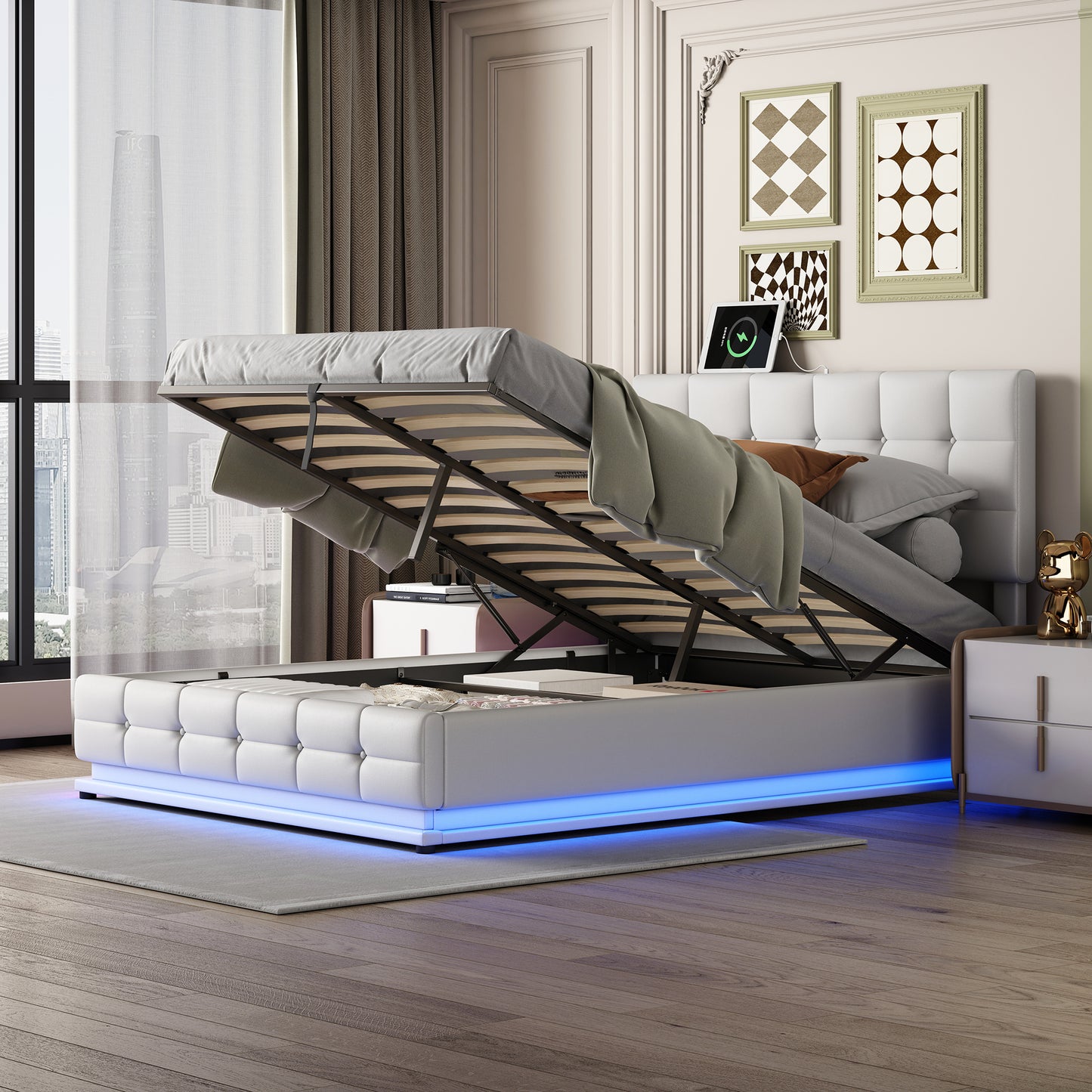 tufted upholstered platform bed with hydraulic storage system, led lights, and usb charger, black