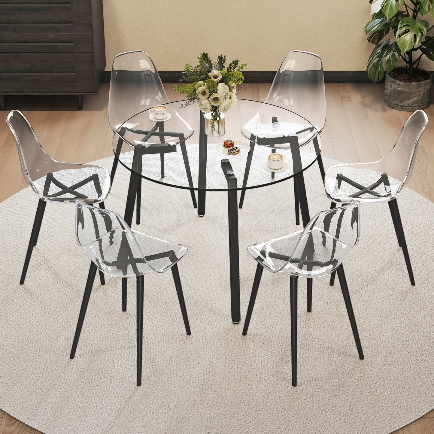 6-piece dining set- transparent tempered glass