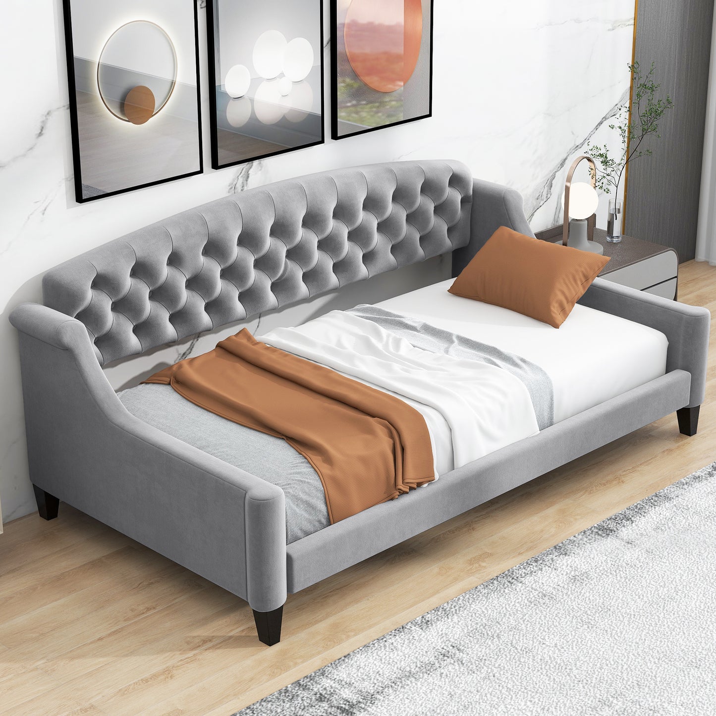 modern luxury upholstered tufted button bed, grey