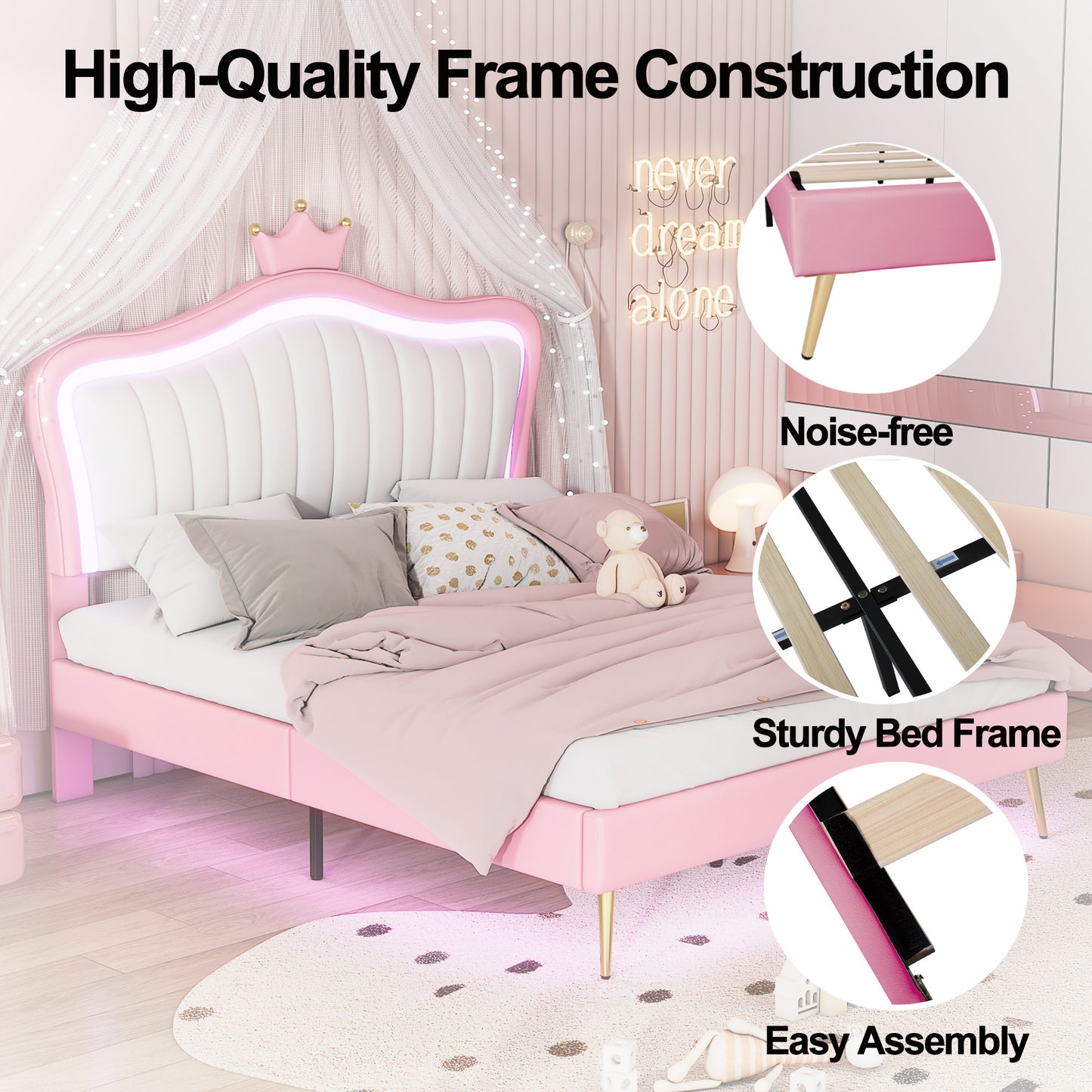 modern upholstered princess bed with crown headboard and led lights, white+pink