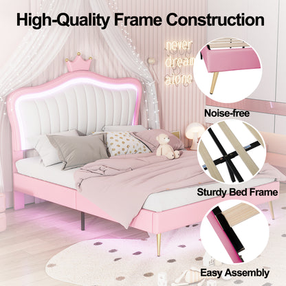 Modern Upholstered Princess Bed With Crown Headboard and LED Lights, White+Pink