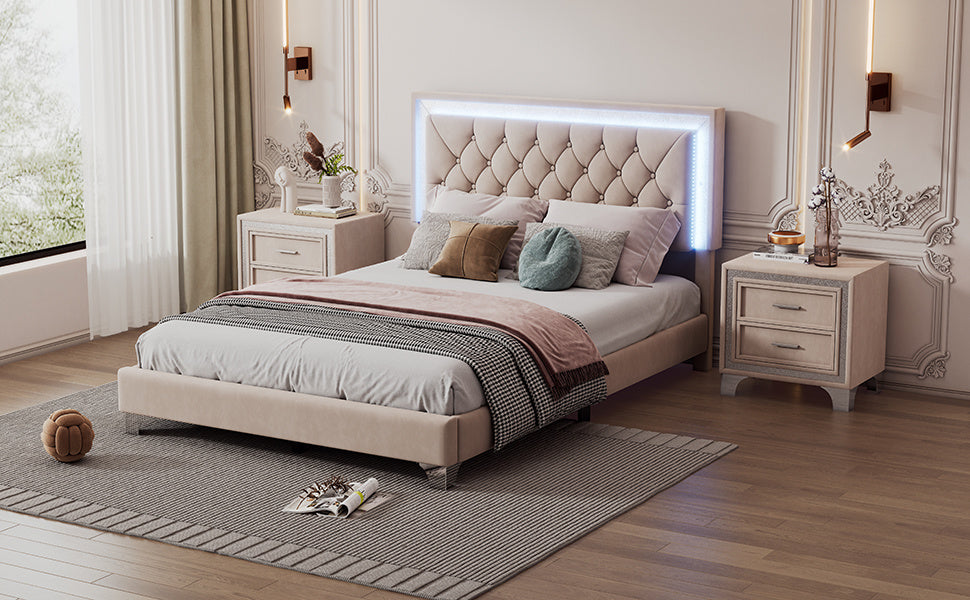 upholstered bed frame with led lights, beige