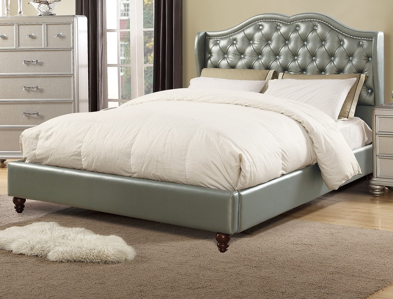 faux leather upholstered wingback design bed, silver