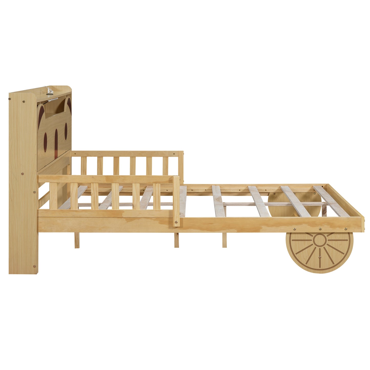 car bed with bear-shaped headboard, usb and led, natural