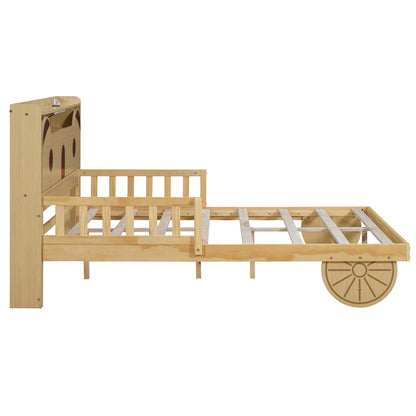 Car Bed with Bear-Shaped Headboard, USB and LED, Natural