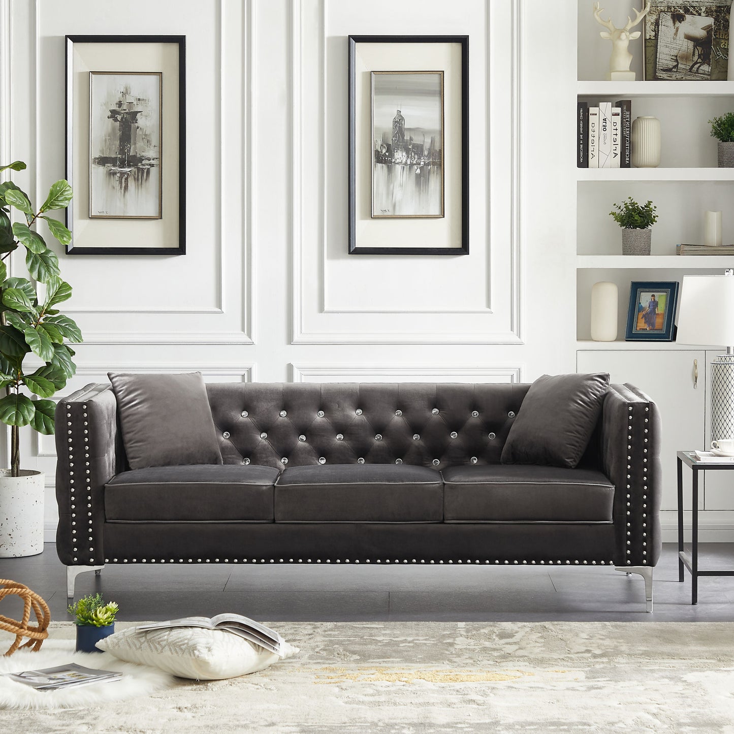 modern velvet sofa tufted set with 2 pillows included