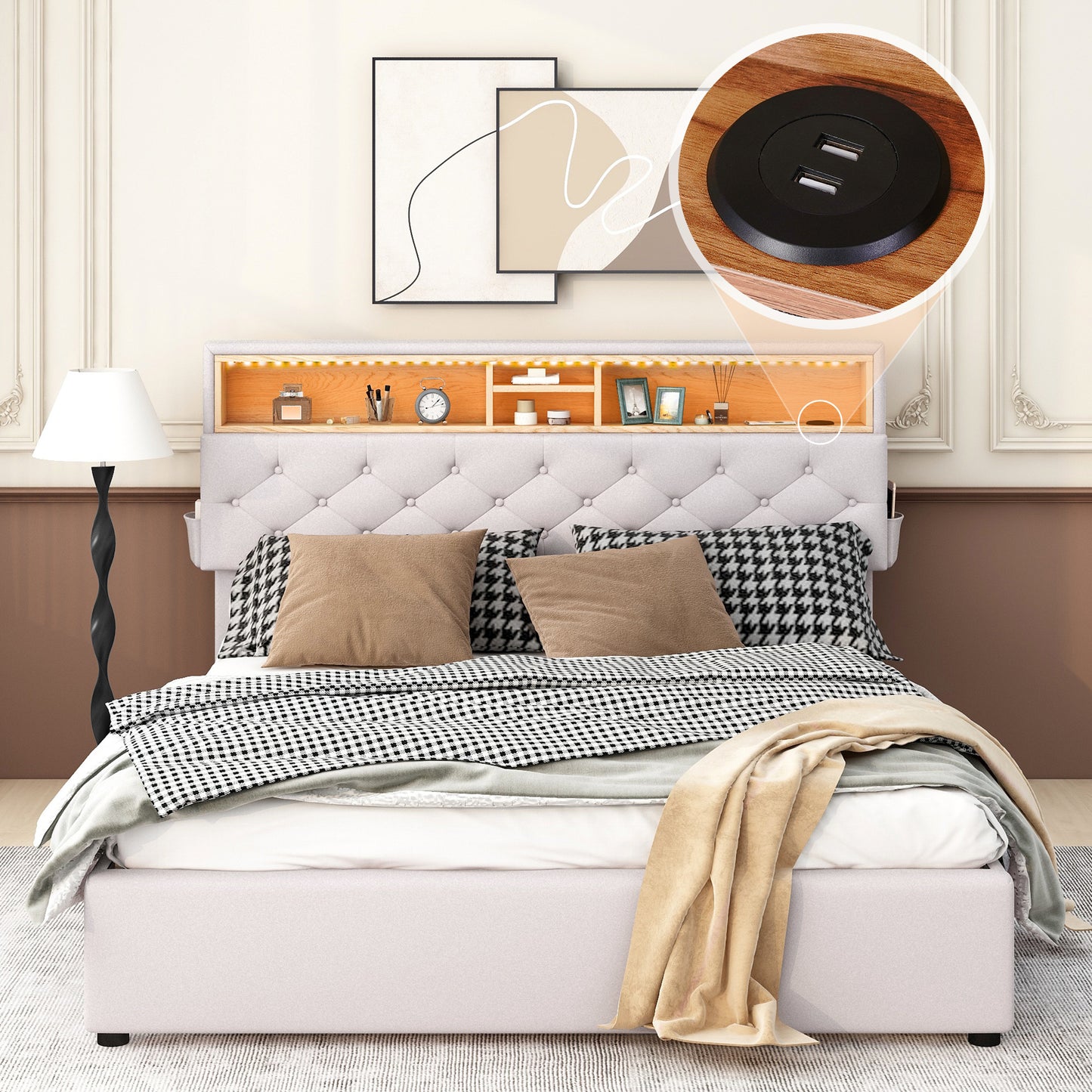 queen size upholstered platform bed with storage headboard, led, usb charging and 2 drawers, beige