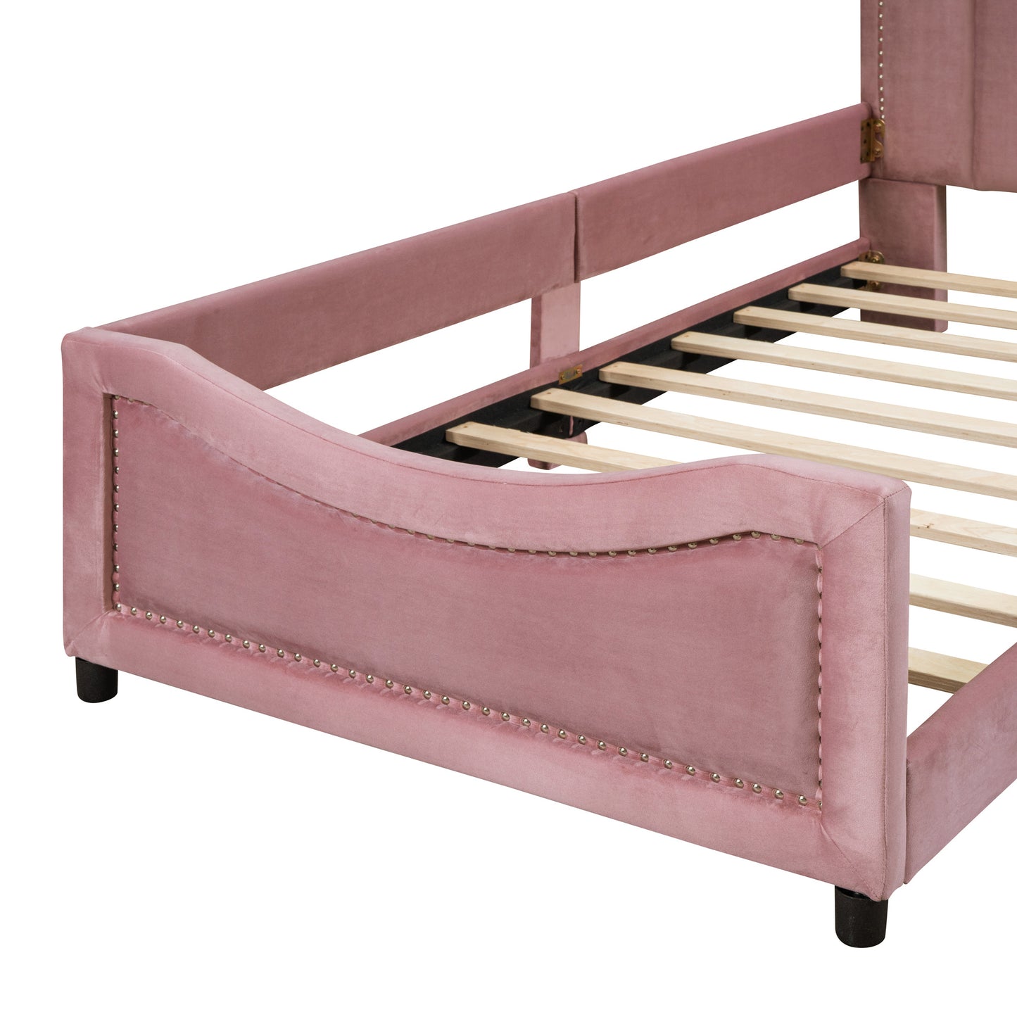 twin size upholstered daybed with classic stripe shaped headboard, pink