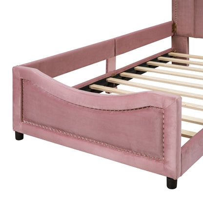 Twin Size Upholstered Daybed with Classic Stripe Shaped Headboard, Pink