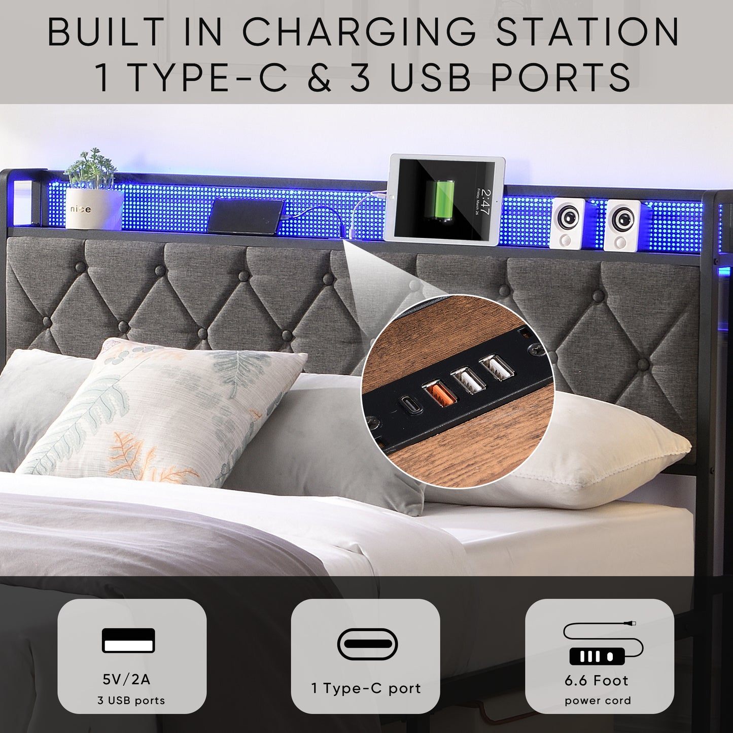 queen bed frame with storage headboard, charging station and led lights,dark gray